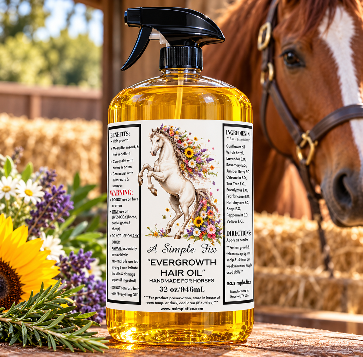 Evergrowth Hair Oil for Horses floral horse label on spray bottle