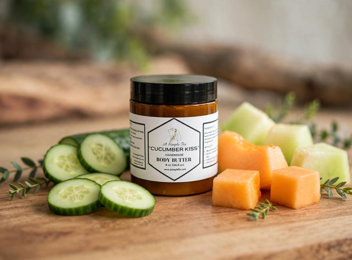 Cucumber Kiss Body Butter jar on warm wood with cucumber slices and melon