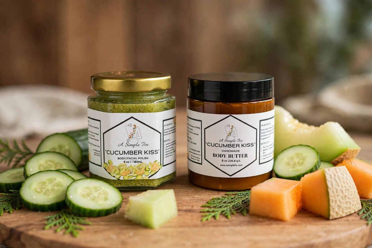 Cucumber Kiss Kit: body polish and body butter on warm wood with cucumber and melon