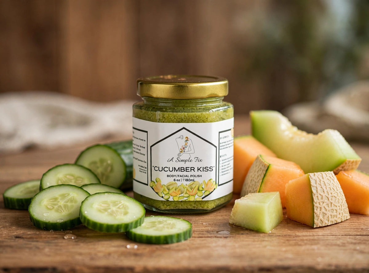 Cucumber Kiss Body/Facial Polish jar on warm wood with cucumber slices and melon